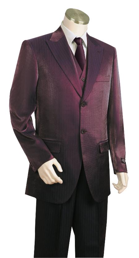 Men's Fashionable Wine Shiny Flashy Sharkskin Peak Lapel Vested 3 Piece - Three Piece Suit Burgundy Suit mensusa