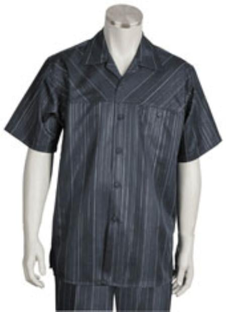 Men's Five Button Closure Spread Collar Short Sleeve and Striped Pattern Suit mensusa