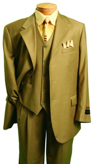 Men's Khaki ~ Bronze Fashion Three Piece Suit 2 Button Style With Flat Front No Pleated Pants mensusa