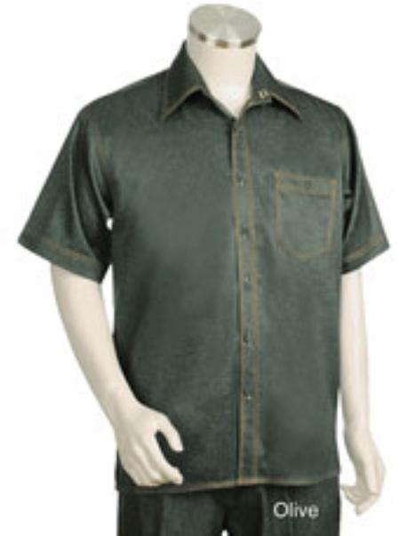 Men's Olive Tone Button Closure Short Sleeve Mens Walking Suit mensusa