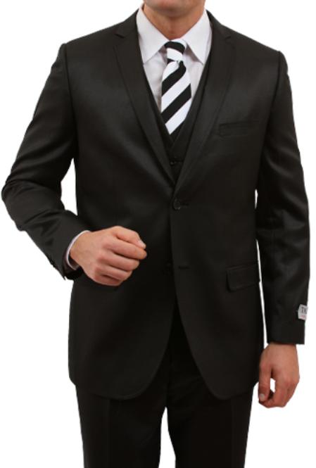 Men's Sharkskin Flashy Metallic Silky Shiny Solid Black 2 Button Front Closure Slim Fit Suit mensusa