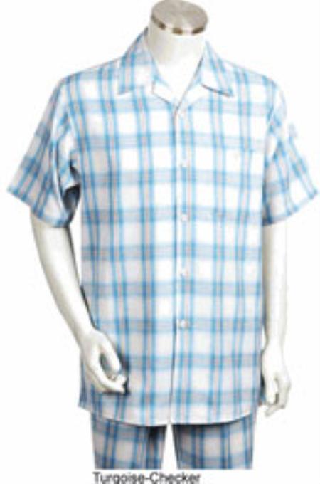 Men's Short Sleeve 2 piece Casual Mens Walking Suit White ~ Turquoise Blue mensusa