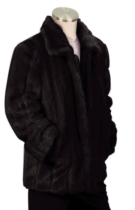 Men's Stylish Faux Fur 3/4 Length Coat Black mensusa