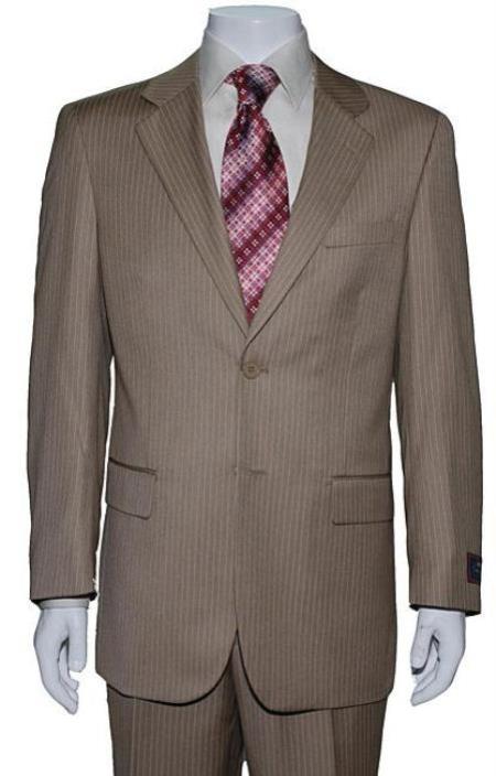 Men's Two Button Tan ~ Beige Mini Pinstripe Cheap Priced Business Suits Clearance Sale mensusa