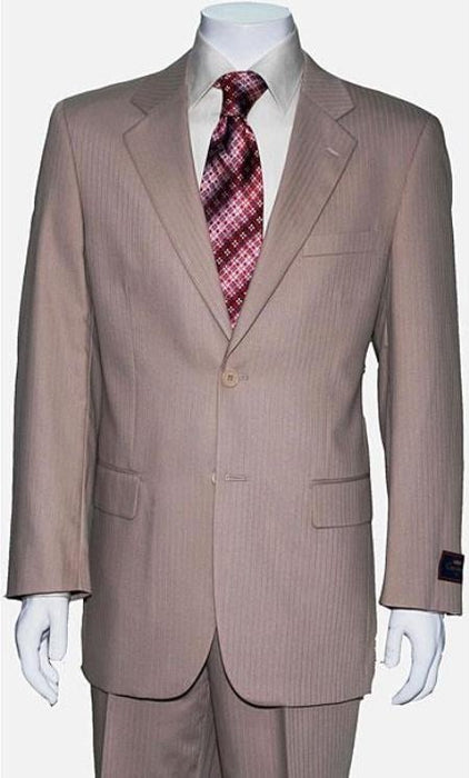 Men's Two Button Tan ~ Beige Shadow Stripe ~ Pinstripe Cheap Priced Business Suits Clearance Sale mensusa