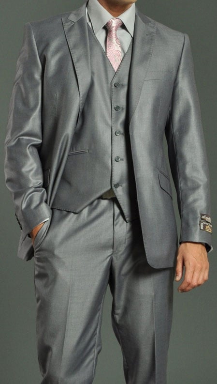 Men's Two Button Vested Shiny Flashy Metallic Light Grey Slim Fit Suit mensusa