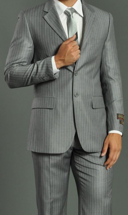 Men's Two Buttons Light Grey Stripe ~ Pinstripe Suit No Pleated Pants Side Vent Regular fit mensusa