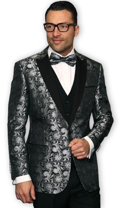 Men's Grey~Gray & Silver Looking Mix with Black Shiny ~ Shiny Paisley Blazer ~ Sport Coat