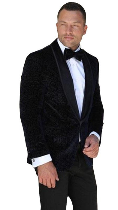 Men's 1 Button Floral Pattern Shawl Lapel Navy Velvet Tuxedo