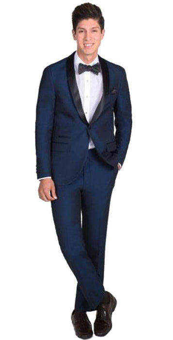 Men's 1 Button Slim Fit Navy Blue Tuxedo with Black Shawl Lapel