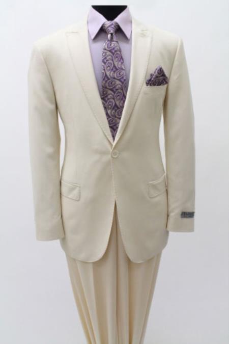 Men's 1 Single Button Suit Peak Lapel Slim Fitted Cotton Light Weight Ivory