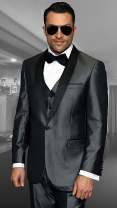 Men's Two Toned Lapel Wynn 1-Button Shawl Modern Solid Tuxedo Grey