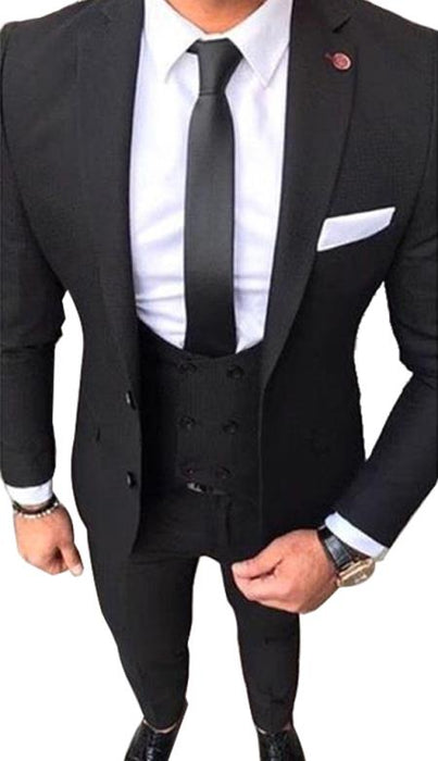 Slim Fit 2 button Black Suit With Double Breasted Vest White Shirt & Black tie Men's Dress Shirt