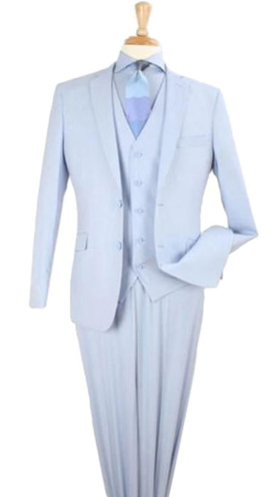 Mens 3 Piece Modern Fit Suits Poly Rayon vested blue suit Flat Front Pants - Light Blue Suit - Sky Blue Suit