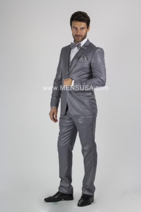 Notch Lapel Slim Fit 2 Button Sharkskin Textured Pattern Tapered Fit Suit With Vent Medium Grey Online Discount Fashion Sale