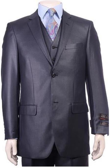 Men's Dark Navy 3 Pieces Modern Sheen Sharkskin Design Suit