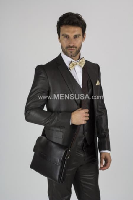 Notch Lapel 2 Button Sharkskin Textured Pattern Tapered Fit Suit With Vent Slim Fit Brown Online Discount Fashion Sale