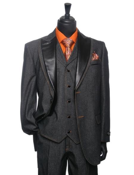 Men's Black Denim Tuxedo 3 Piece Suit