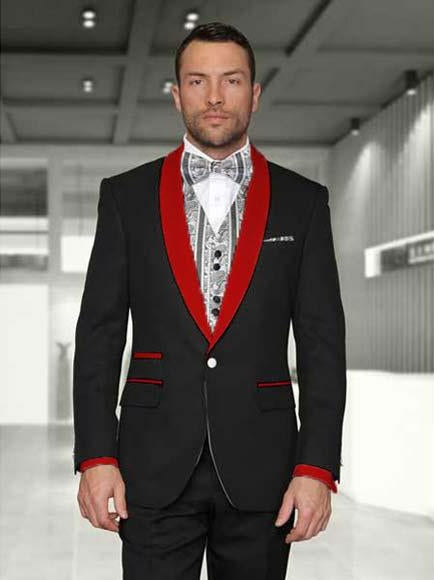 Men's Black/Red Shawl Lapel 1 Button Modern Fit Two toned Lapel Evening Tuxedos - Red Tuxedo