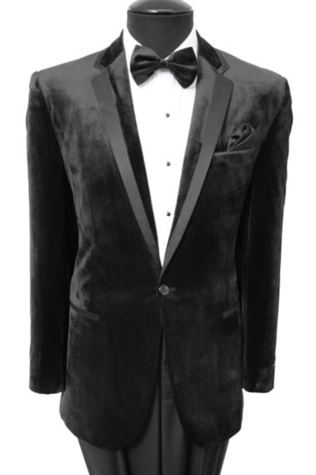 Men's Velvet Velour Men's blazer Sport Coat Two Button Jacket With Black Trim Black