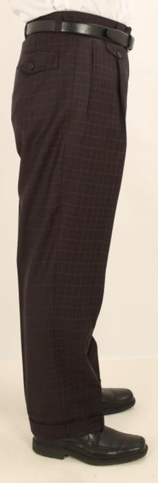 Men's Wide Leg Single Pleated Pants Navy W/Coco Brown Check Men's Wide Leg Trousers - Cheap Priced Dress Slacks For Men On Sale