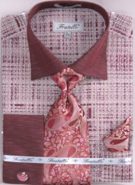 Men's Burgundy Two Tone French Cuff Dress Shirt Set