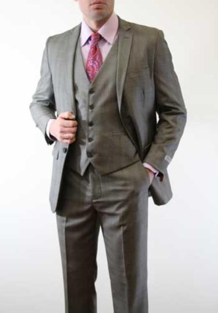 Men's Slim Fitted Skinny Vested Three Piece Suit Plaid Window Pane Grey ~ Charcoal - Color: Dark Grey Suit