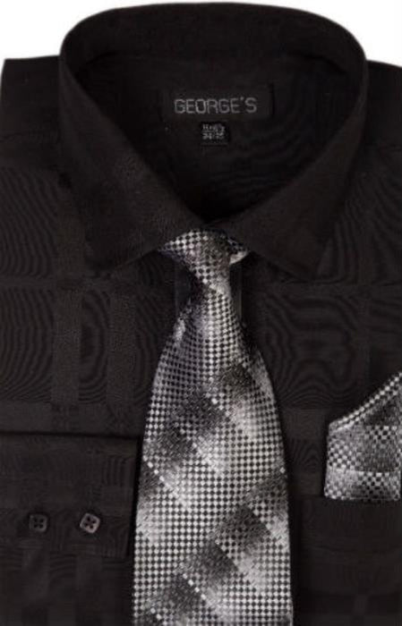 Men's Cotton Geometric Pattern Tie and Handkerchief Black Men's Dress Shirt