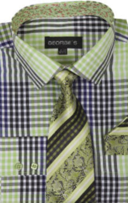 George's 60% Cotton 40% Polyster Checkered Shirt Tie and Handkerchief Lime