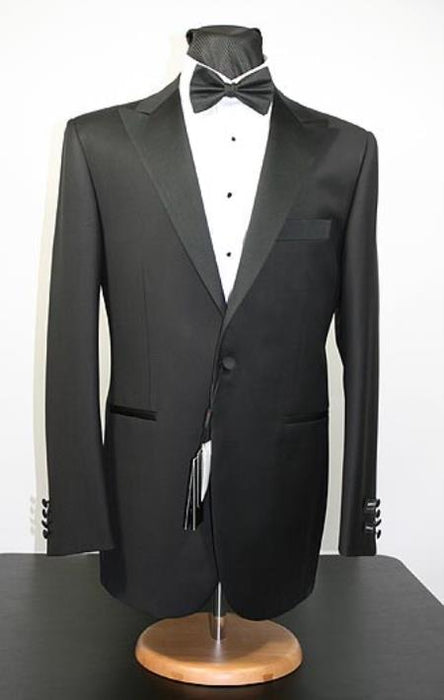 Reg:$995 Alberto Nardoni Brand Peak Lapel Tuxedo Black Tuxedo Fabric Super 150's Flat Front Pants Peak Lapel Tuxedo Suit - Wide Lapel Tuxedo