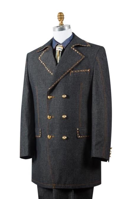 Men's Stylish Trench Collar Brass Accent Denim Black Zoot Suit