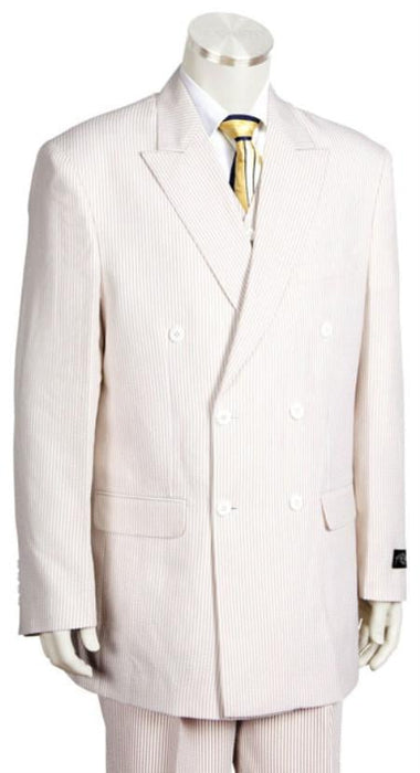 Sear Sucker Suit Mens Unique Double Breasted Suits Seersucker Sear sucker suit in Soft Poly Rayon White ( Tan ~ Beige ~ Sand) Leisure Casual Suit For Sale