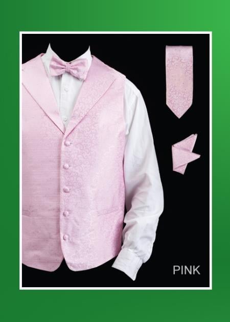 Men's 4 Piece Groomsmen Dress Tuxedo Wedding Vest ~ Waistcoat ~ Waist coat Set (Bow Tie, Nec k Tie, Hanky) - Lapelled Groomsmen Vest ~ Waistcoat ~ Waist coat Pink - Men's Neck Ties - Mens Dress Tie - Trendy Mens Ties