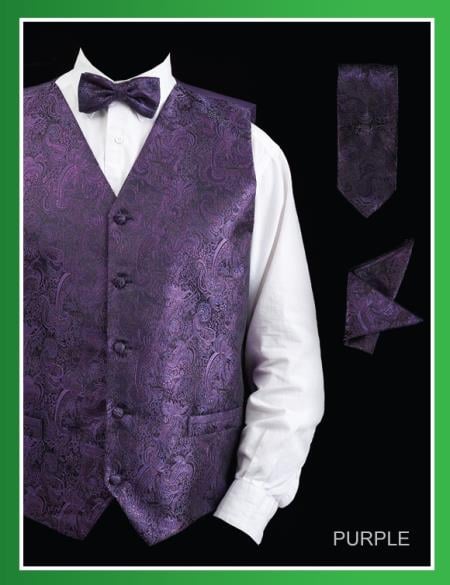 Men's Groomsmen Dress Tuxedo Wedding Vest ~ Waistcoat ~ Waist coat Set (Bow Tie, Neck Tie, Hanky) - P A I S L E Y Design Purple Four Piece - Men's Neck Ties - Mens Dress Tie - Trendy Mens Ties