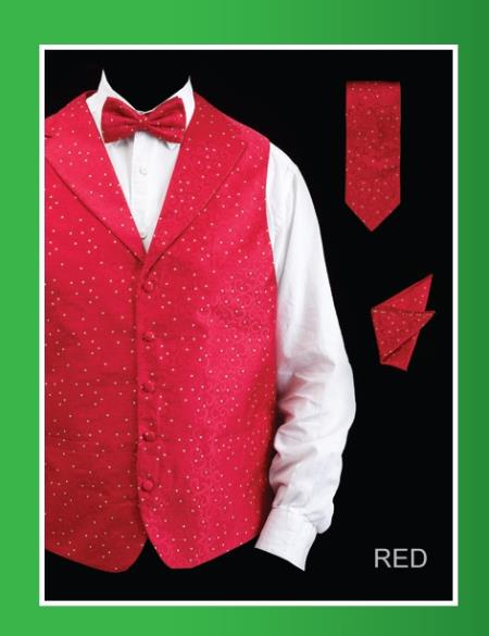 Men's 4 Piece Groomsmen Dress Tuxedo Wedding Vest ~ Waistcoat ~ Waist coat Set (Bow Tie, Neck Tie, Hanky) - Lapelled Groomsmen Vest ~ Waistcoat ~ Waist coat Red - Men's Neck Ties - Mens Dress Tie - Trendy Mens Ties