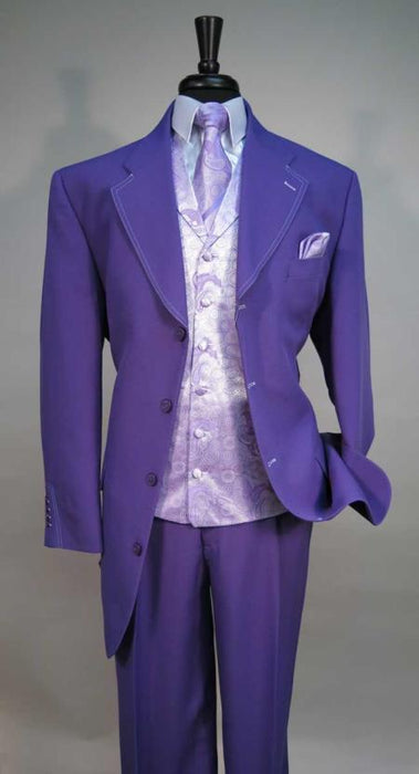 Mens Zoot Suit Mens Four Button Vested Suit Jacket With Fashionable Vest With Matching Tie And Hankie Purple