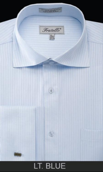 Men's Light Blue Semi- spread Collar French Cuff Dress Shirt - Striped Dress Shirt - Mens Pinstripe Dress Shirt