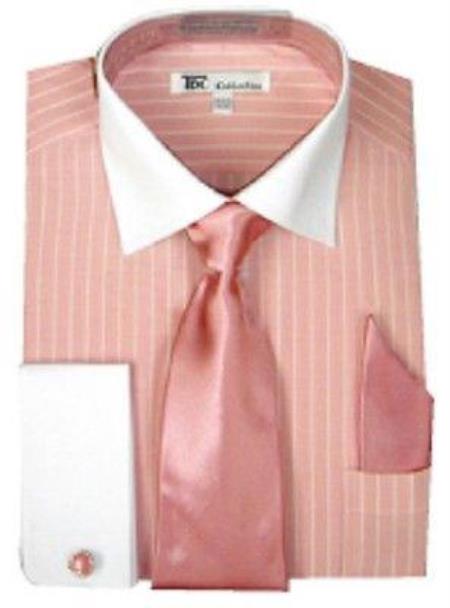 French Cuff Striped Stylish Classic Men's Two Toned Contrast White Collar with Tie Pink Men's Dress Shirt