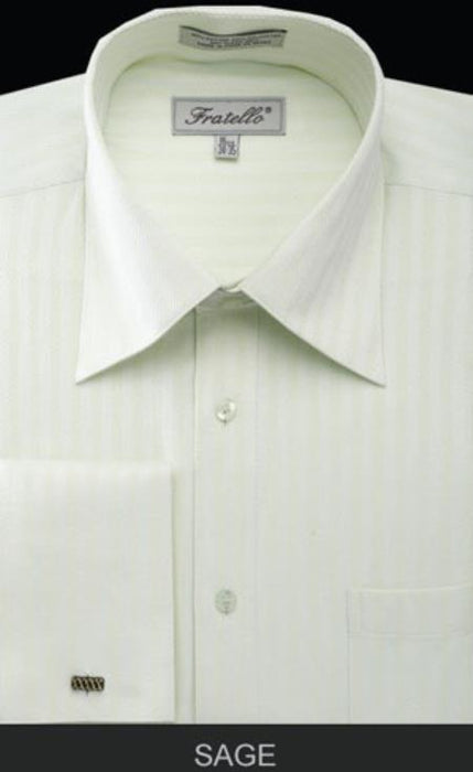 Fratello French Cuff Sage - Herringbone Tweed Stripe Big and Tall Sizes 18 19 20 21 22 Inch Neck Men's Dress Shirt