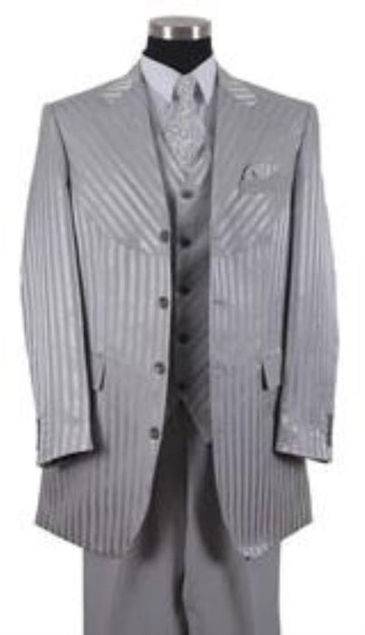 Zoot Suit tone on tone Shiny Sharkskin Shadow Stripe ~ Pinstripe Vested 3 Piece Men's Malino Suits Gray