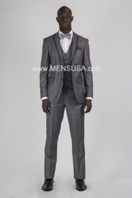 Men's Grey Tux ~ Gray Tuxedo Black Lapel Sharkskin Wedding Groom Suit