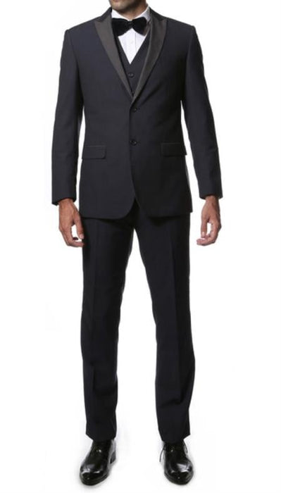 3 Piece Midnight Navy Blue Peak Lapel Super Slim Tuxedo Vested Tuxedo