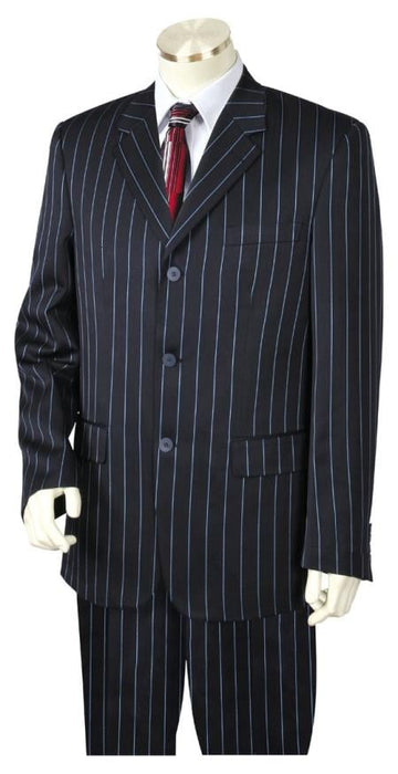 Men's Reflective Razor Stripe Flap Pocket Dark Navy Blue Suit For Men Zoot