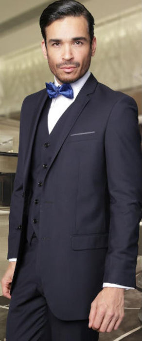 Mens Three Piece Suit - Vested Suit Mens Dark Navy Slim Fitted Cut Skinny Lapel Suit