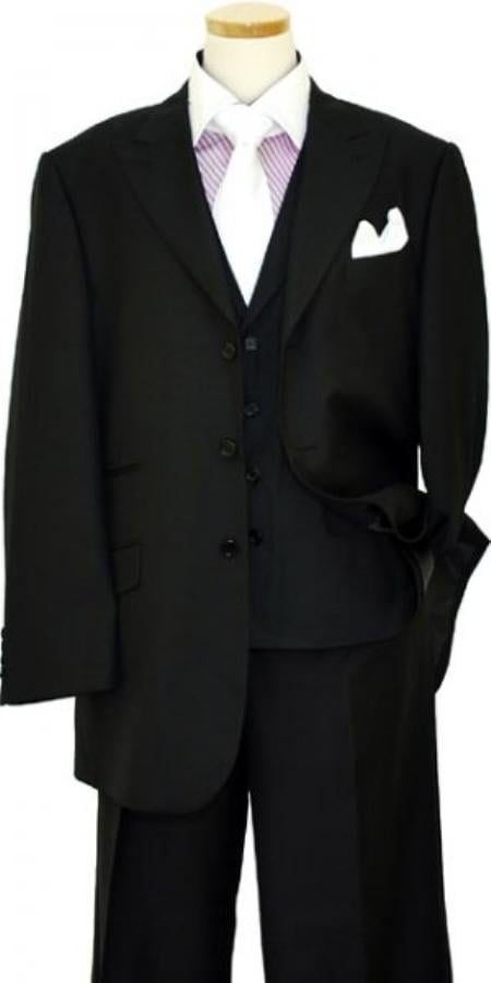 Mens Notch Lapel Three buttons Solid Black Vested Lapeled Vested 3PC Suit Wide leg Pleated pants mensusa