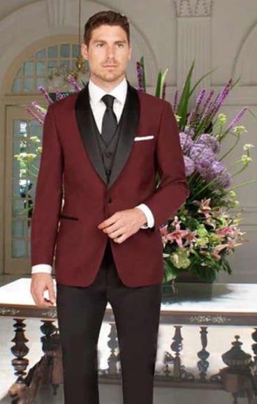 Men's Slim Fit Black and Burgundy ~ Wine ~ Maroon Color 1 Button Shawl Lapel Vest Tuxedo With Black Pant Burgundy Tuxedo