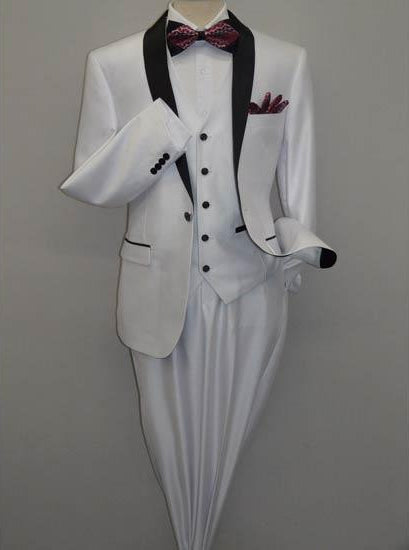 Men's Shawl Tuxedo Slim Fitted 3 Piece Two Toned Shiny Sharkskin White Suit