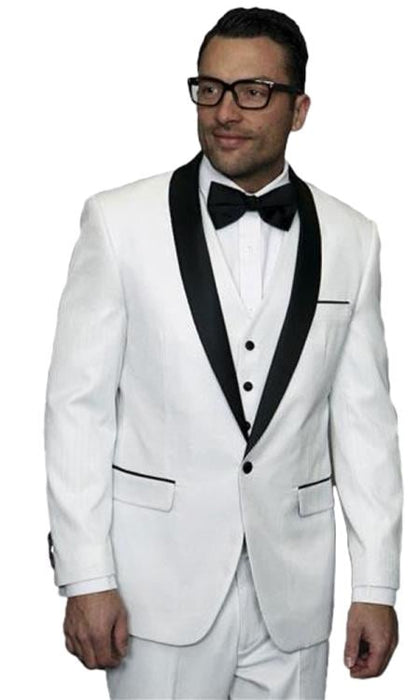 Men's one button white vested tuxedo suit with black shawl lapel