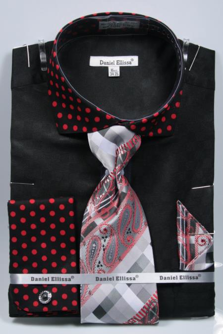 Polka Dot French Cuffed Matching Black/Red Shirt & Tie Combo Set