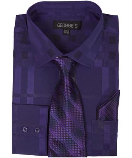 Purple 60% Cotton 40% Polyester Shadow Striped Tie with Hanky Men's Dress Shirt